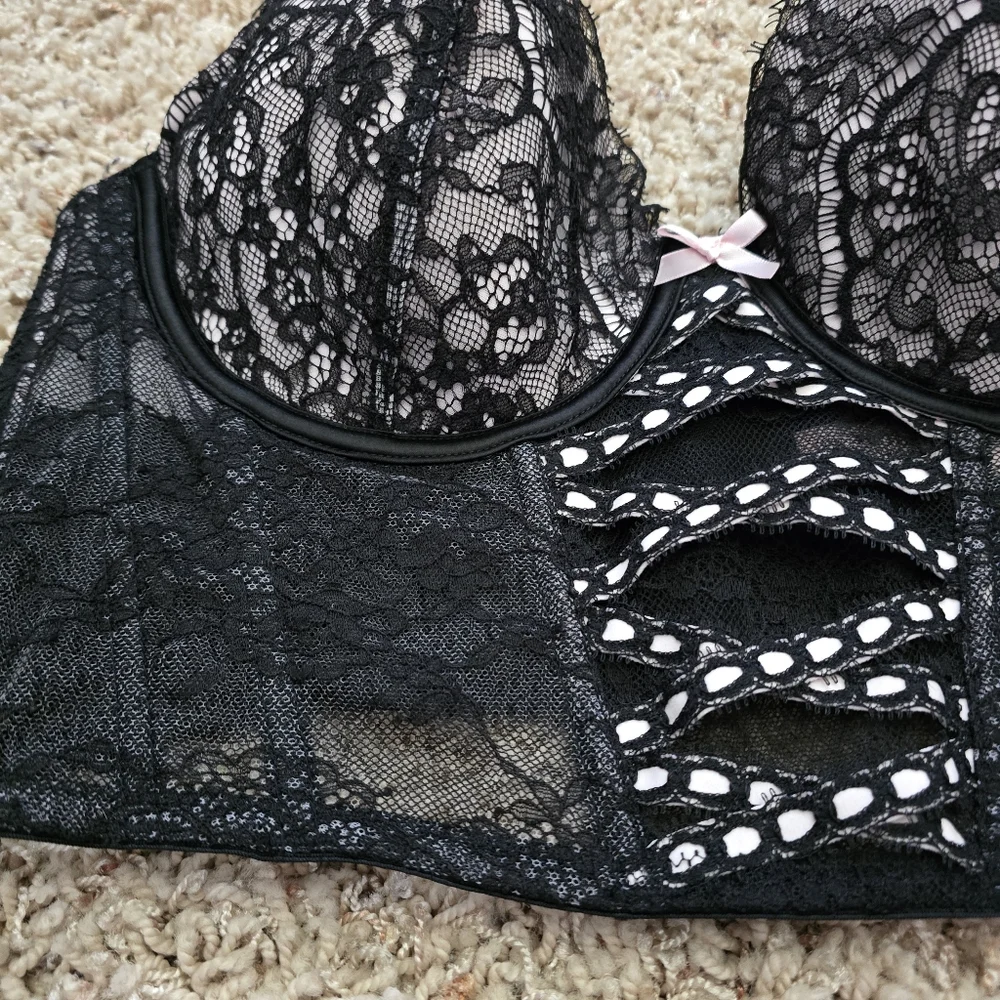 Victoria's Secret Dream Angels Black Lace Longline Bra Bustier Black Pink - XL - Picture 2 of 6